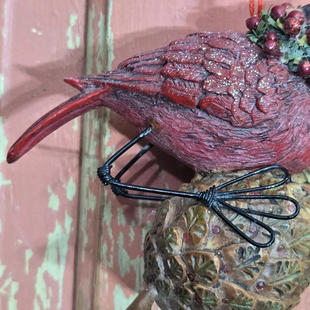 Christmas Cardinal Hanging Ornament ‎ Pinecone Wreath Ribbon Bird Holiday Decor